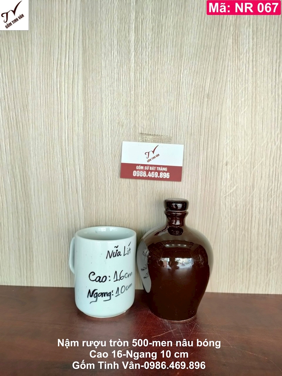 Nậm rượu dáng tròn men nâu bóng, mã NR067, dung tích 500 ml, 0,5 lit, bình rượu đẹp, hồ lô rượu nửa lit, gốm sứ bát tràng tinh vân