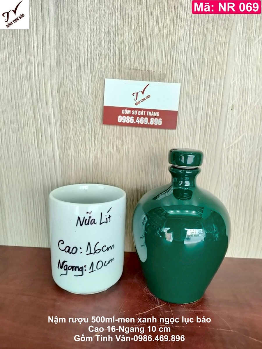 Nậm rượu dáng tròn men xanh ngọc lục bảo bóng, mã NR069, dung tích 500 ml, 0,5 lit, cao 16 ngang 10 cm, bình rượu đẹp, hồ lô rượu nửa lit, gốm sứ bát tràng tinh vân