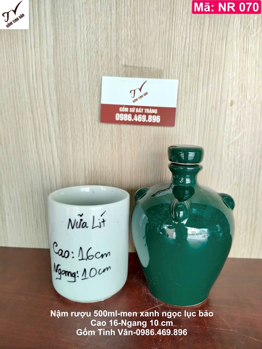 Nậm rượu dáng tròn men xanh ngọc lục bảo bóng, mã NR070, dung tích 500 ml, 0,5 lit, cao 16 ngang 10 cm, bình rượu đẹp, hồ lô rượu nửa lit, gốm sứ bát tràng tinh vân
