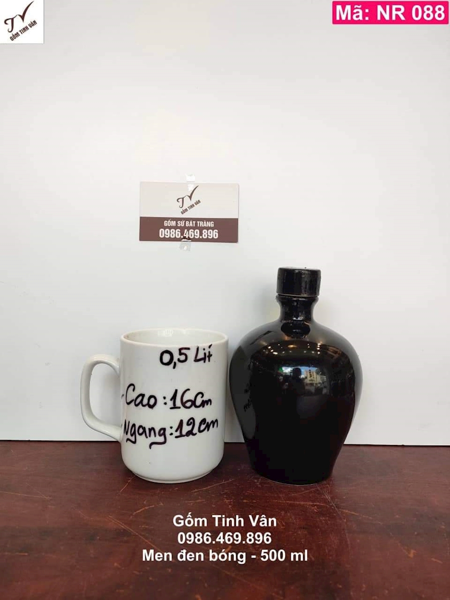 Nậm rượu, mã NR088, men đen bóng, 500ml, bình hồ lô rượu, gốm sứ bát tràng, tinh vân