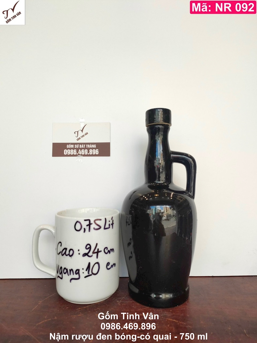 Nậm rượu, mã NR092, đen bóng, 750ml, có quai xách, bình hồ lô rượu, gốm sứ bát tràng, tinh vân