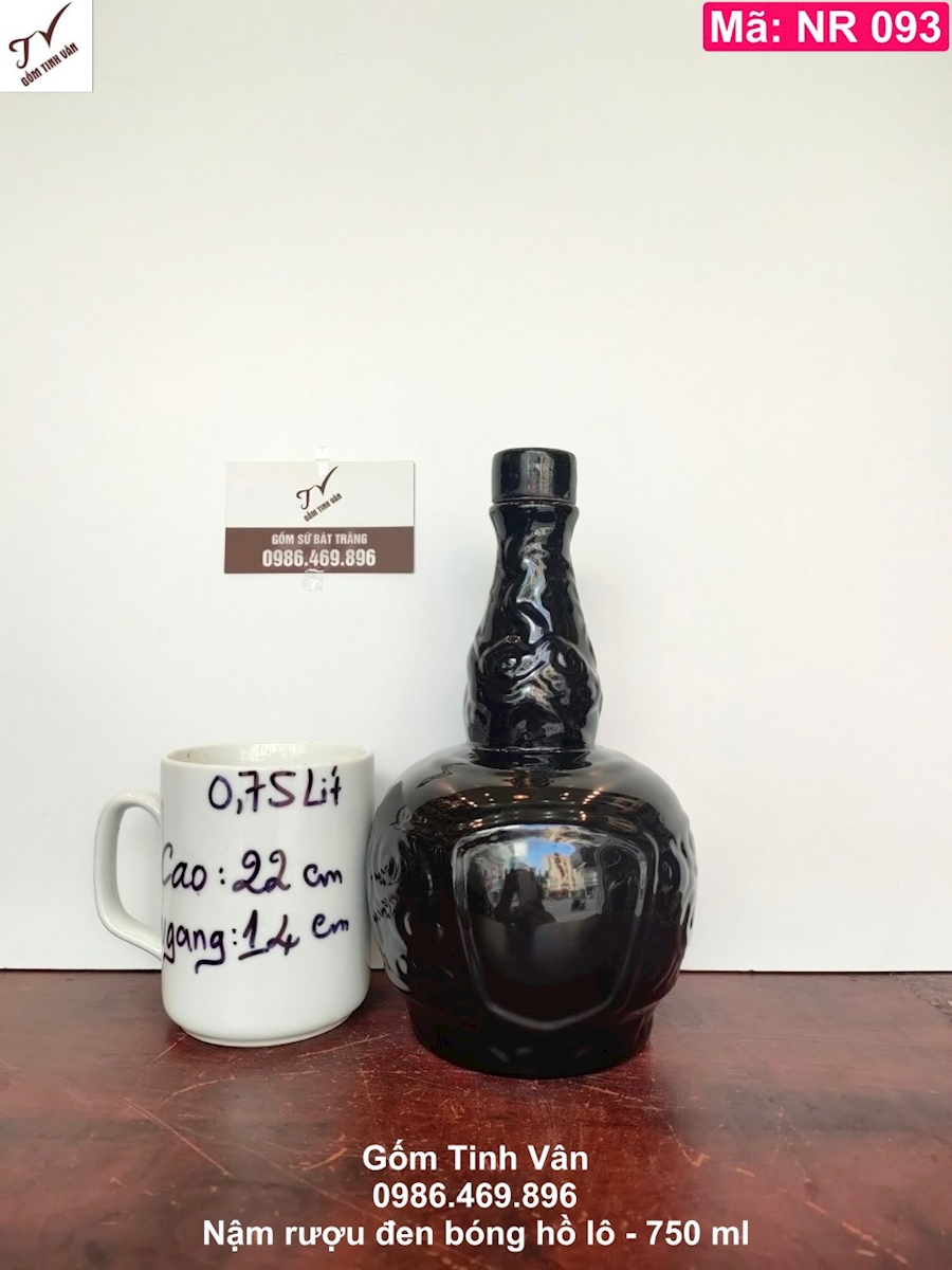 Nậm rượu, mã NR093, đen bóng, 750ml, hoa văn nổi, bình hồ lô rượu, gốm sứ bát tràng, tinh vân