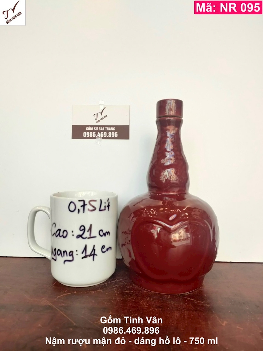 Nậm rượu, mã NR095, màu mận đỏ, 750ml, hoa văn nổi, bình hồ lô rượu, gốm sứ bát tràng, tinh vân