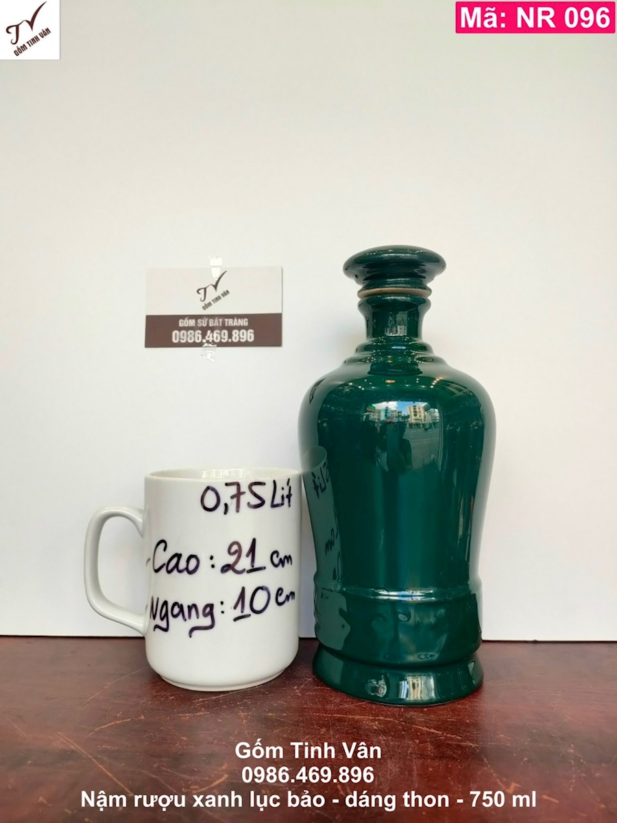 Nậm rượu, mã NR096, xanh lục bảo, 750ml, dáng thon, bình hồ lô rượu, gốm sứ bát tràng, tinh vân