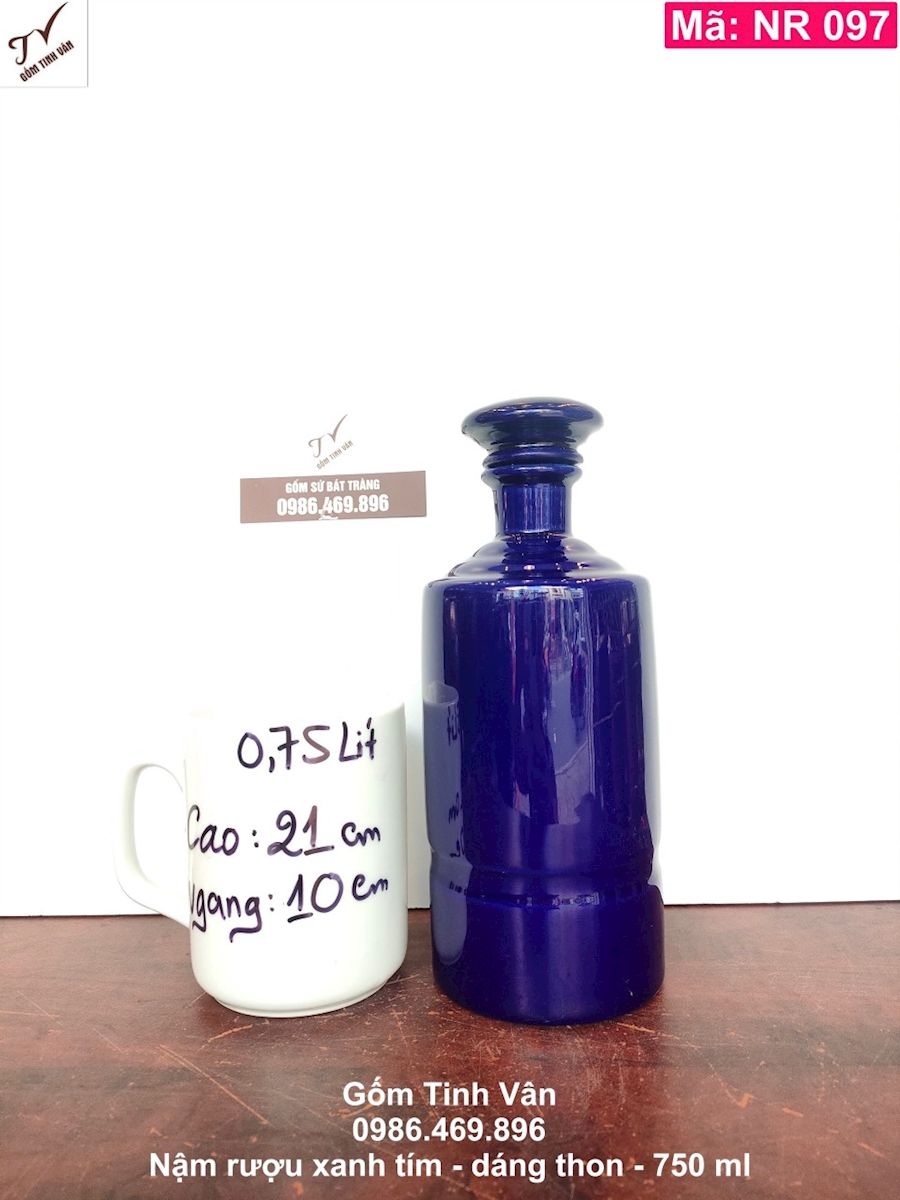 Nậm rượu, mã NR097, xanh tím, 750ml, dáng thon, bình hồ lô rượu, gốm sứ bát tràng, tinh vân