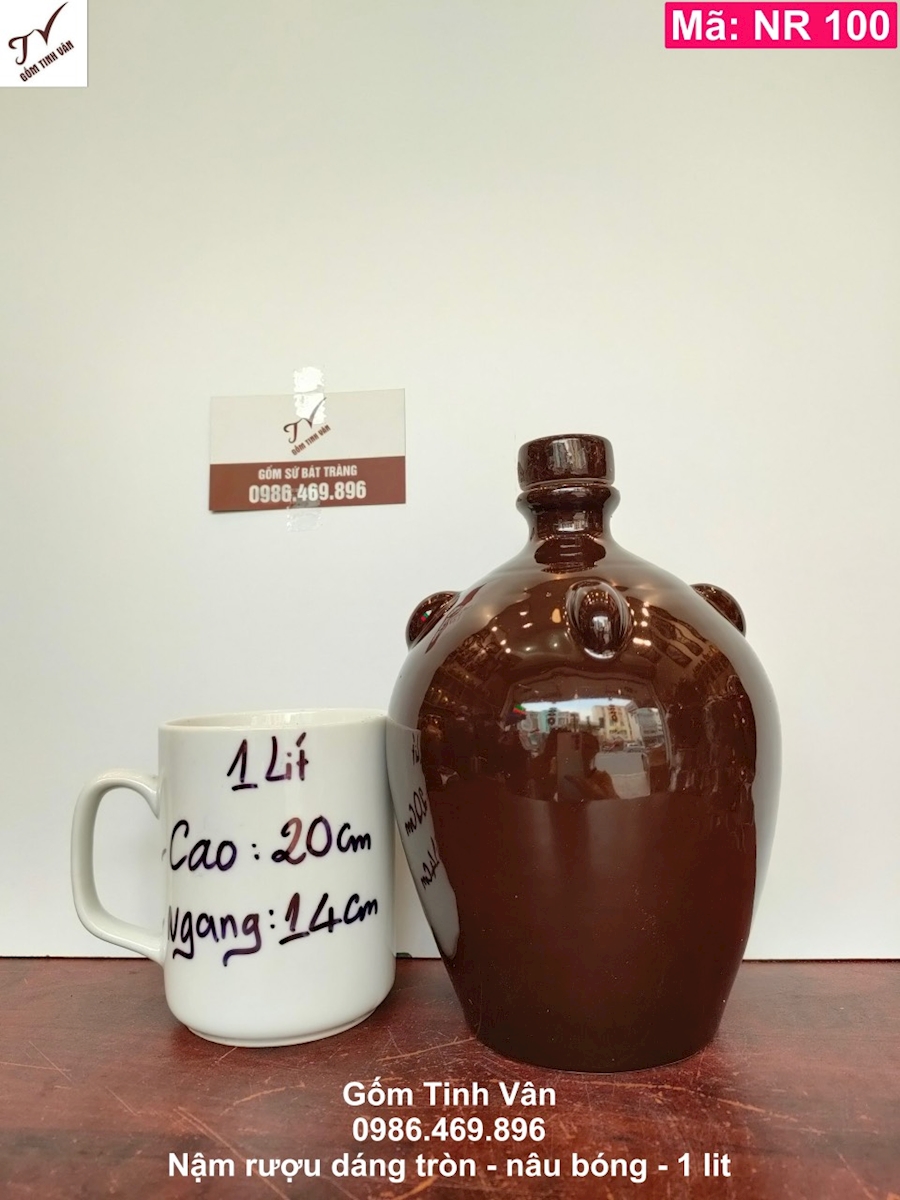 Nậm rượu, mã NR100, dáng tròn, nâu bóng, 1 lit, bình hồ lô rượu, gốm sứ bát tràng, tinh vân