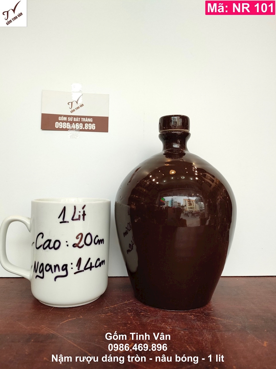 Nậm rượu, mã NR101, dáng tròn trơn, nâu bóng, 1 lit, bình hồ lô rượu, gốm sứ bát tràng, tinh vân