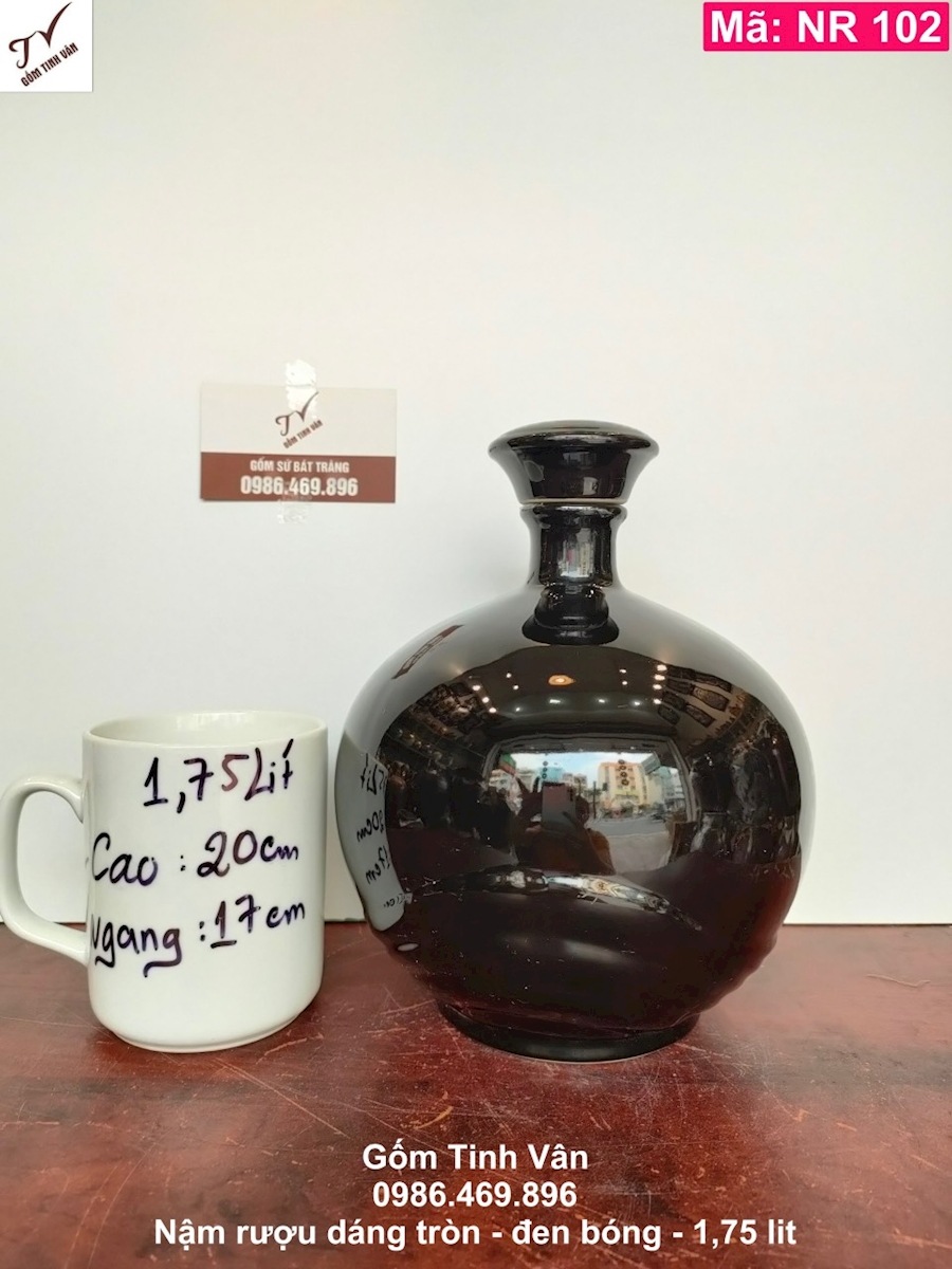 Nậm rượu, mã NR102, dáng tròn trơn, đen bóng, 1.75 lit, bình hồ lô rượu, gốm sứ bát tràng, tinh vân