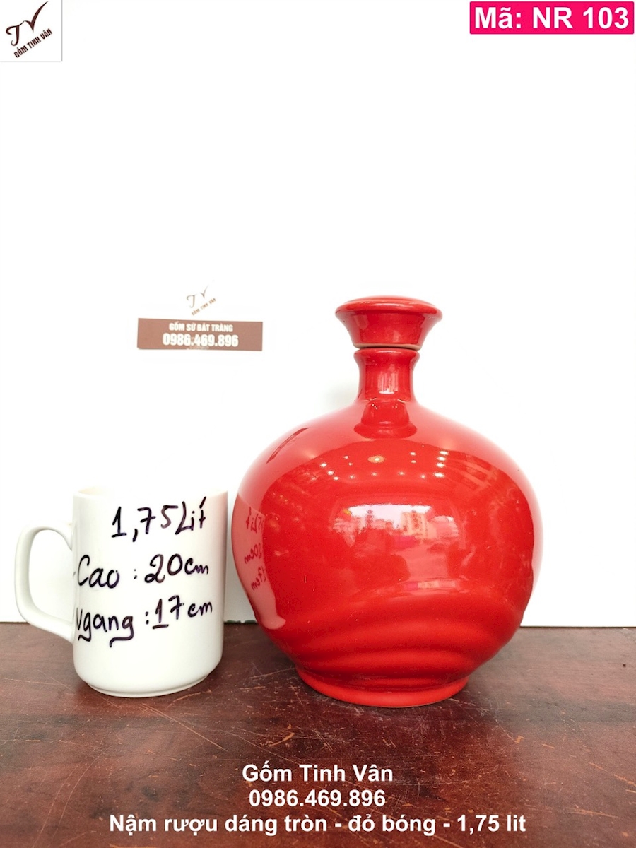 Nậm rượu, mã NR103, dáng tròn trơn, đỏ bóng, 1.75 lit, bình hồ lô rượu, gốm sứ bát tràng, tinh vân