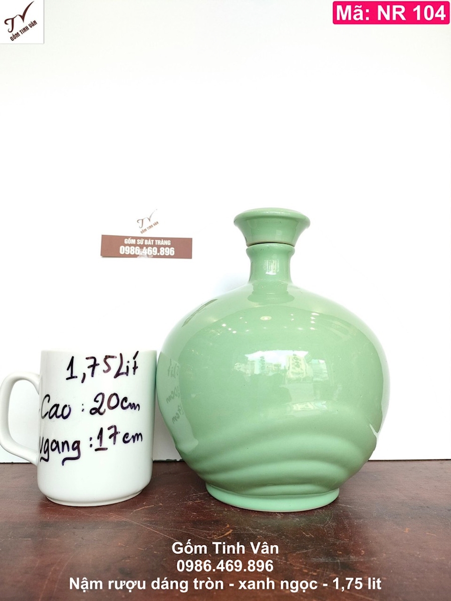 Nậm rượu, mã NR104, dáng tròn trơn, xanh ngọc, 1.75 lit, bình hồ lô rượu, gốm sứ bát tràng, tinh vân