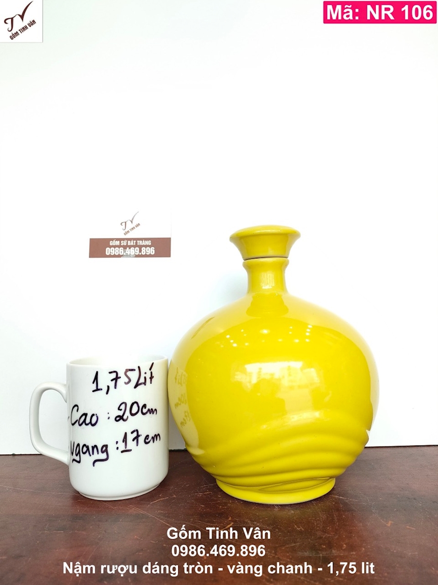 Nậm rượu, mã NR106, dáng tròn trơn, vàng chanh, 1.75 lit, bình hồ lô rượu, gốm sứ bát tràng, tinh vân