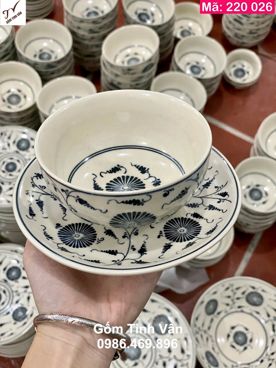 Bộ chén cơm và đĩa kê men rạn cổ, mã 220026, vẽ tay hoa cúc dây, chén cơm đk 10,5 cm, đĩa đk 13 cm,  chén đĩa gốm bát tràng tinh vân