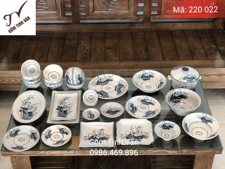 Trọn bộ chén đĩa men rạn cổ, mã 220022, vẽ tay hoa văn chuồn chuồn lá khoai, đầy đủ tô chén dĩa, gốm bát tràng cao cấp, chén dĩa nhà hàng việt