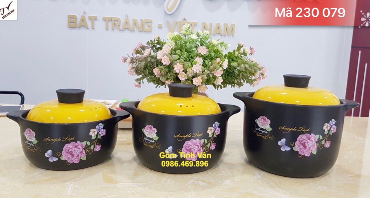 Bộ 3 nồi kho cá gốm sứ, đường kính 15 cm, nắp vàng vẽ hoa hồng, nồi đun bếp lửa, gốm bát tràng tinh vân