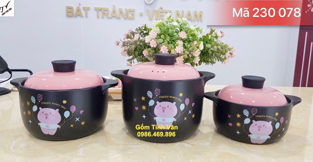 Bộ 3 nồi kho cá gốm sứ, mã 230078, in chú heo hồng xin xắn, nắp hồng, đường kính 15 cm, nồi đun bếp lửa, gốm bát tràng tinh vân