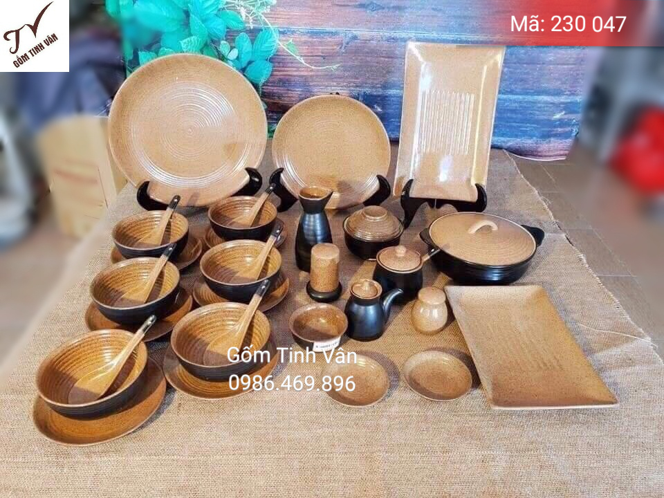 Bộ chén đĩa men gốm nâu đen kiểu nhật, mã 230047, tô chén dĩa đầy đủ, dùng cho gia đình, nhà hàng, chất lượng tốt, giá rẻ, gốm bát tràng, tinh vân, nhận đặt in logo lên chén đĩa theo yêu cầu