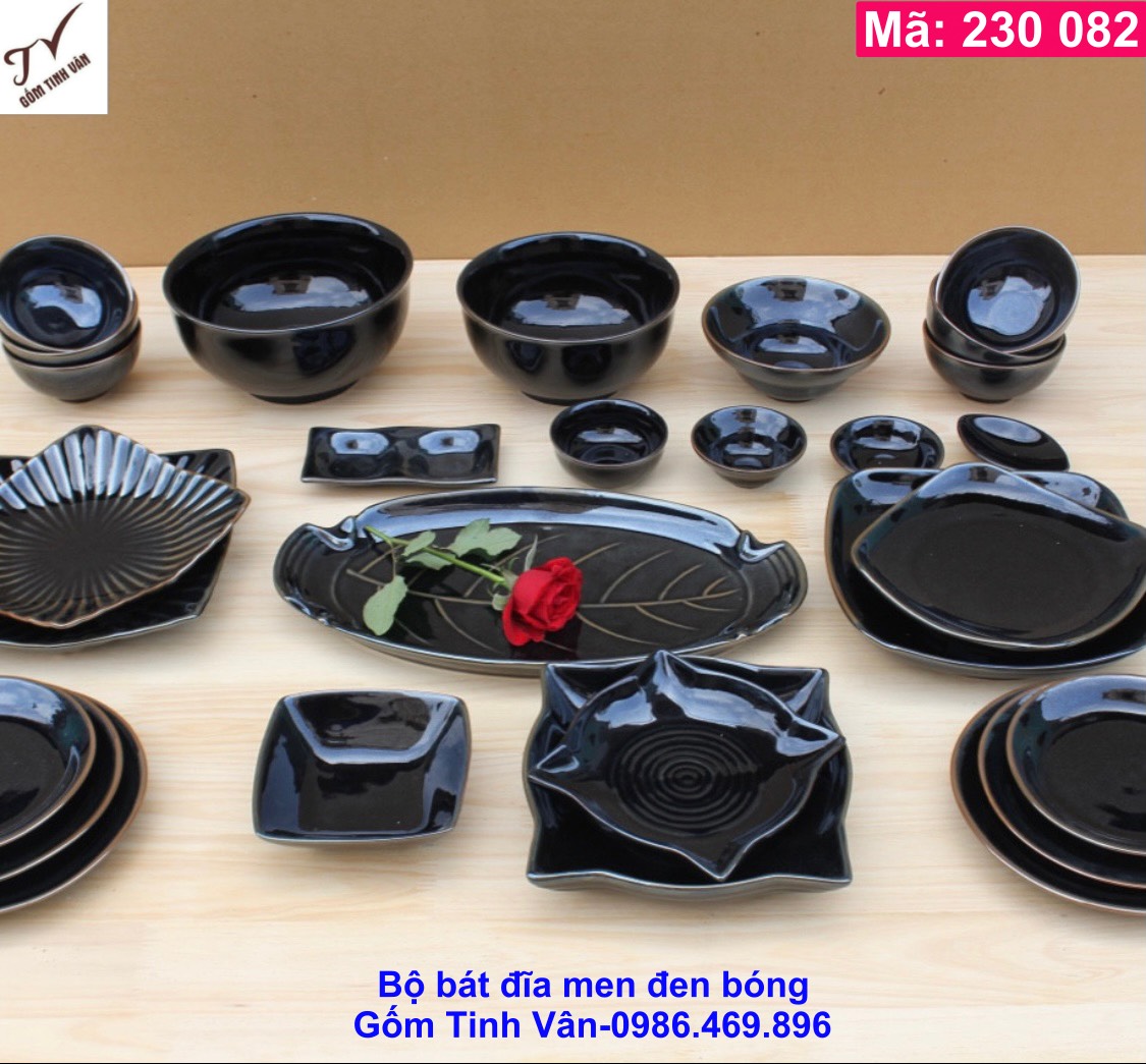 Bộ đồ ăn tô chén đĩa men đen bóng, mã 230082, sang trọng, dùng trong nhà hàng Nhật, Hàn Quốc,  đĩa sò, đĩa vuông, chiếc lá, khay gia vị 2 ngăn, đĩa tròn, gốm sứ bát tràng tinh vân