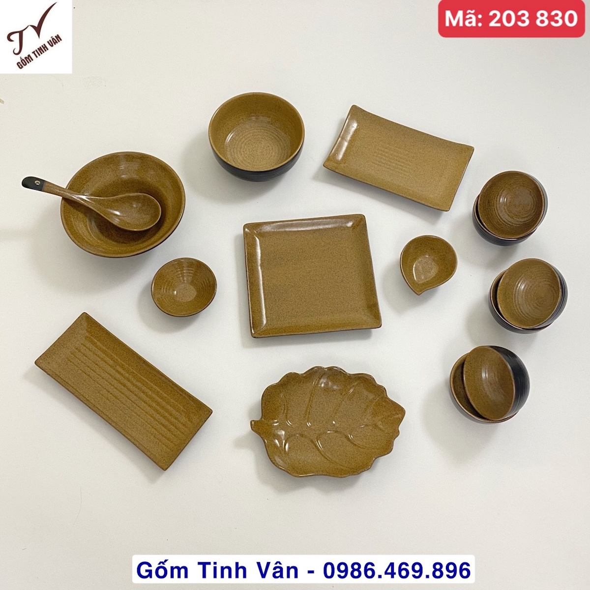 Bộ tô chén đĩa muỗng, mã 230083, men gốm nâu đen kiểu Nhật, vân gốm vuốt, mộc mạc, cổ điển, bộ gồm  chén cơm, gác đũa, tô canh, âu cơm, đĩa tròn, đĩa sao..., gốm sứ bát tràng tinh vân