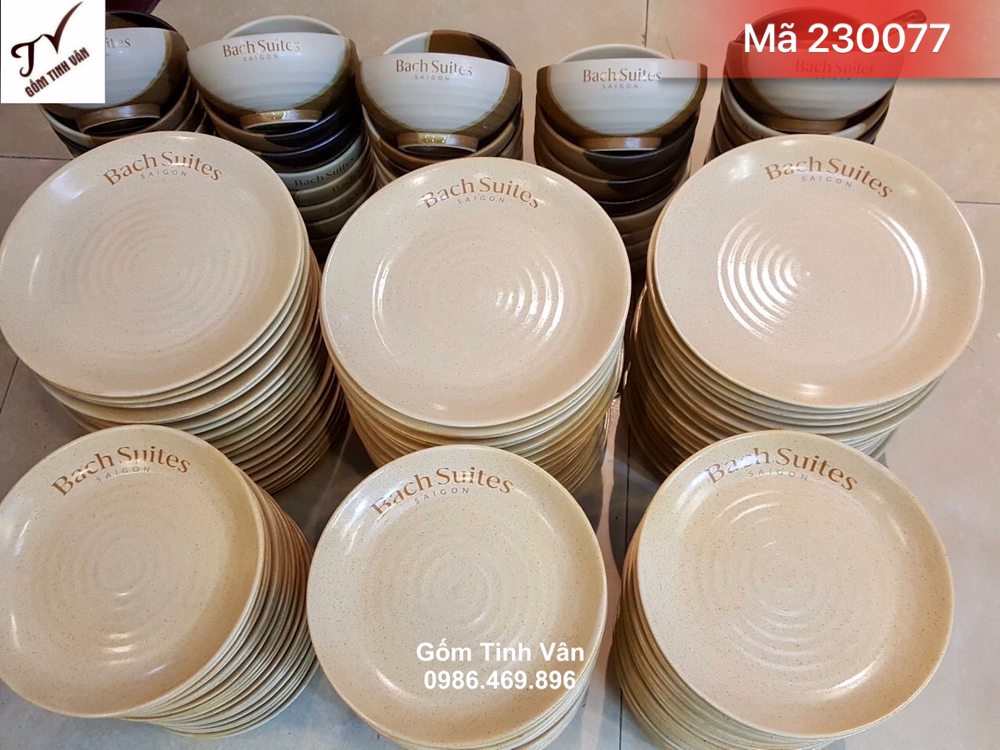 Chén đĩa nhà hàng men gốm nâu kiểu nhật, mã 230077, in logo nhà hàng, sang trọng, tinh tế, gốm bát tràng tinh vân cao cấp