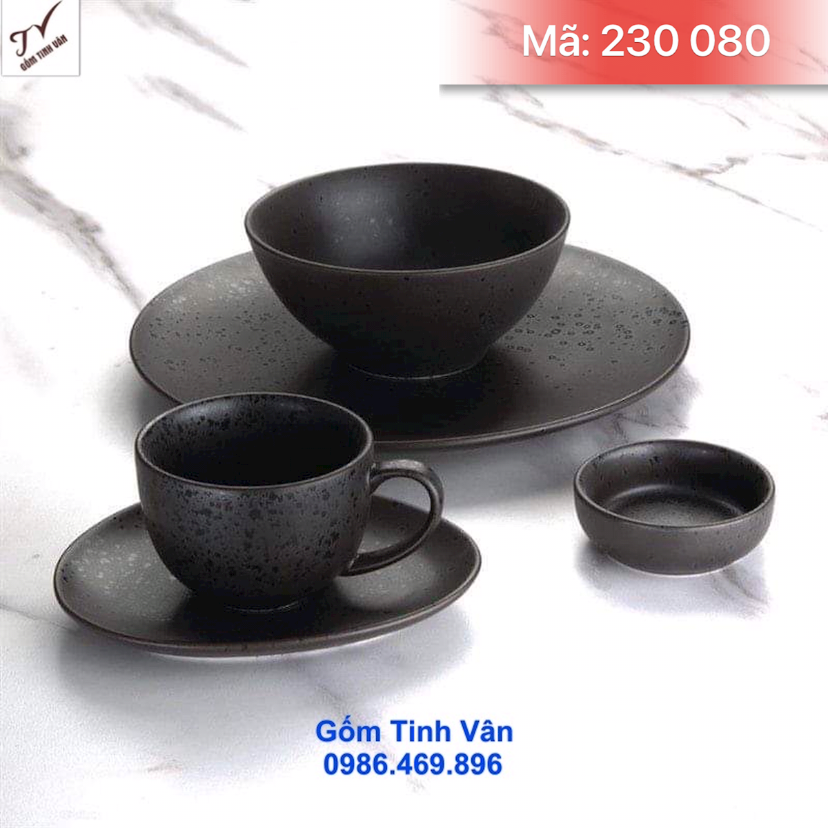 Set chén đĩa ly cafe men đen, mã 230080, bộ chén đĩa nhà hàng sang trọng, bộ đồ ăn gốm bát tràng tinh vân