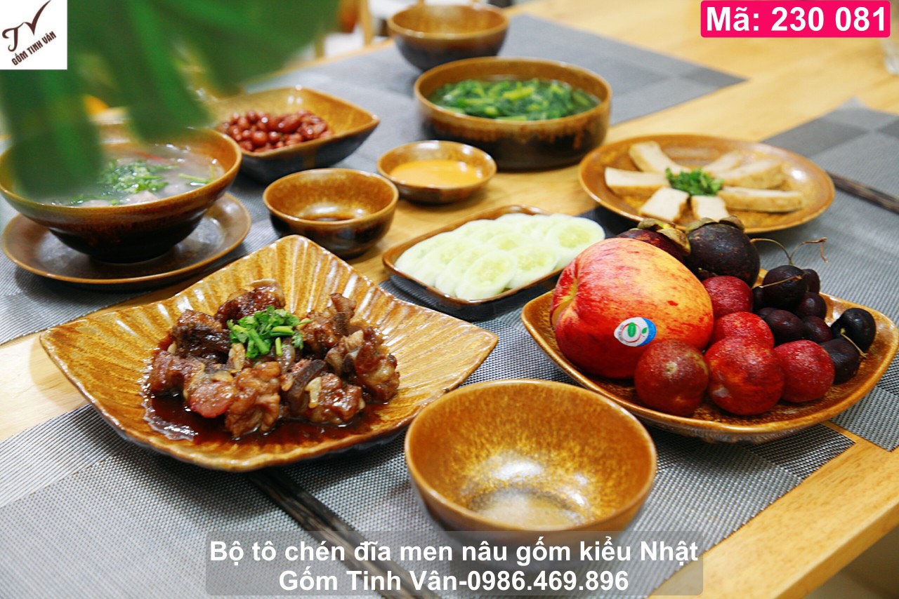 Bộ tô chén đĩa, bộ bàn ăn, mã 230081, men nâu gốm kiểu nhà hàng Nhật, Hàn Quốc, bát, đĩa vuông, đĩa lá, đĩa sò, mộc mạc, sang trọng, tinh tế, gốm sứ bát tràng tinh vân