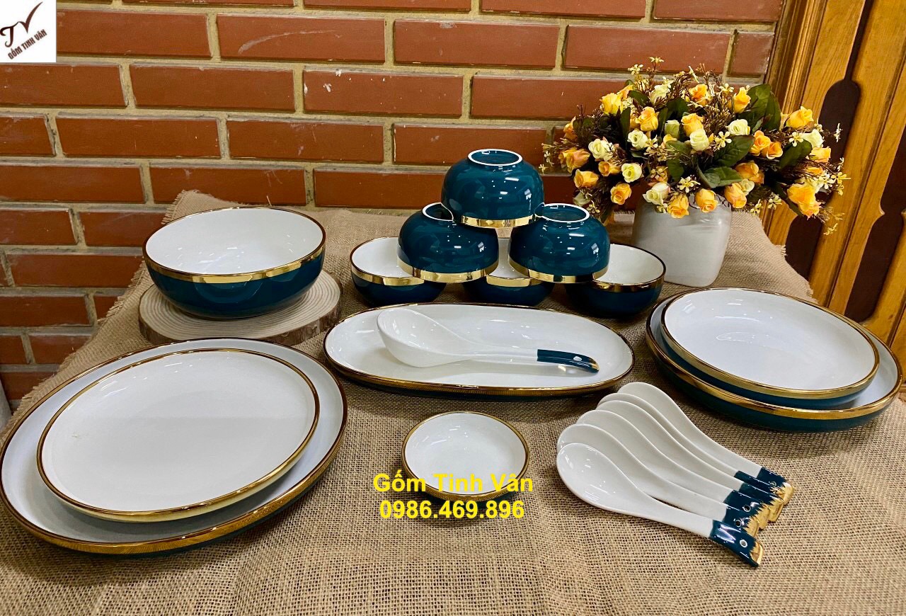 Bộ tô chén dĩa men trắng kết hợp xanh ngọc lục bảo cao cấp, mã 260197, trọn bộ bàn ăn gốm sứ bát tràng cao cấp, viền vàng 24k, gốm tinh vân