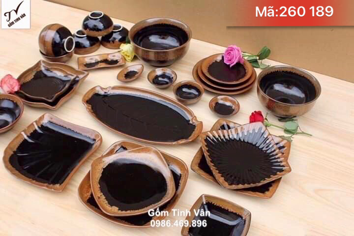 Bộ tô chén đĩa men nâu cafe hoả biến, mã 260189, bộ đồ ăn sang trọng dùng cho gia đình, nhà hàng, bát đĩa gốm bát tràng tinh vân