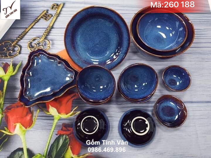 Bộ tô chén đĩa men xanh hoả biến, mã 260188, bộ đồ ăn sang trọng dùng cho gia đình, nhà hàng, bát đĩa gốm bát tràng tinh vân