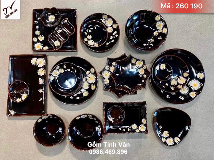 Bộ tô chén đĩa men nâu hoa cúc trắng, mã 260190, bộ đồ ăn sang trọng dùng cho gia đình, nhà hàng, bát đĩa gốm bát tràng tinh vân