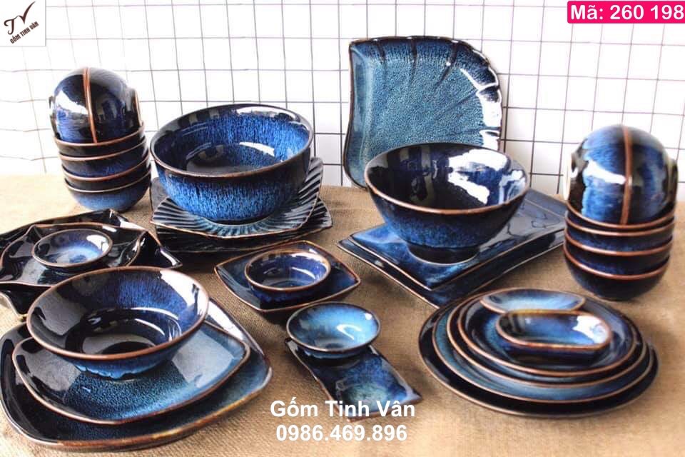 Trọn bộ tô chén đĩa men xanh hoả biến, mã 260198, bát đĩa nhà hàng sang trọng, độc đáo, bộ đồ ăn gốm bát tràng tinh vân
