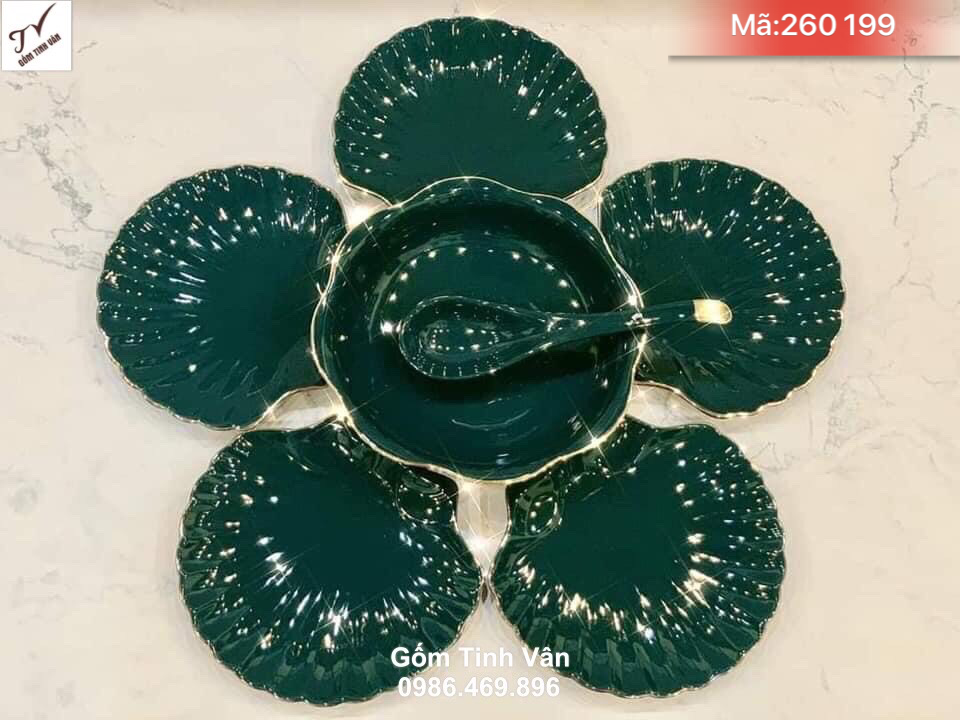 Bộ bát đĩa sò điệp men xanh ngọc lục bảo, mã 260199, vẽ vàng 24k, bộ đồ ăn gốm bát tràng cao cấp