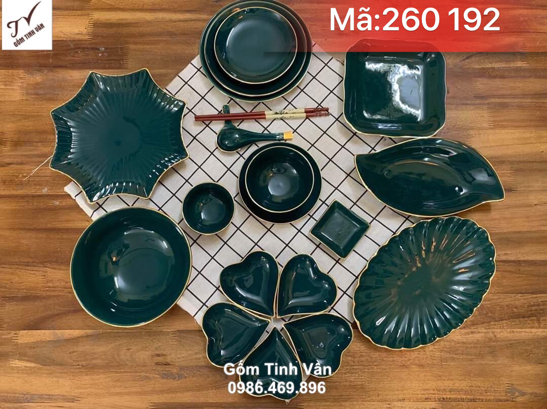 Bộ tô chén đĩa men xanh ngọc lục bảo viền vàng, mã 260192, tô chén đĩa nhà hàng sang trọng, men xanh cổ vịt, bát đĩa nhà hàng gốm bát tràng