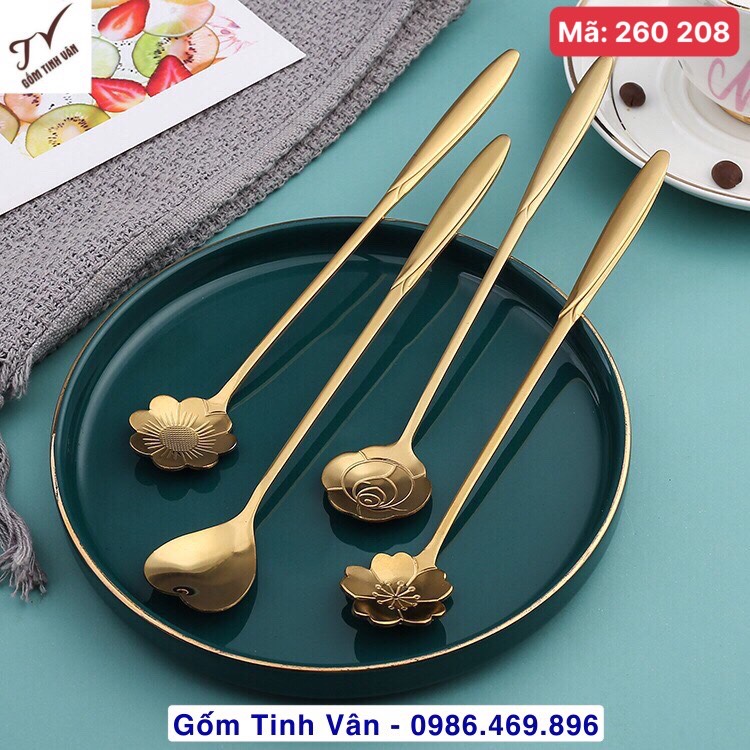 Bộ 6 muỗng cafe siêu xinh. mã 260208, cỡ ngắn và dài, chất liệu đồng mạ vàng sang trọng, hình hoa mai, hướng dương, vòng tròn, đồ dùng bàn ăn sang trọng