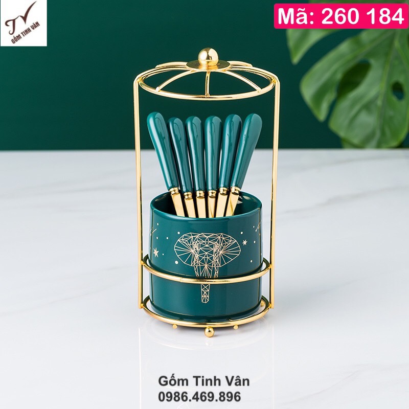 Bộ 6 nĩa ăn trái cây sang trọng, mã 260184, gốm sứ kết hợp đồng mạ vàng cao cấp, bộ thìa dĩa men xanh lục vẽ vàng
