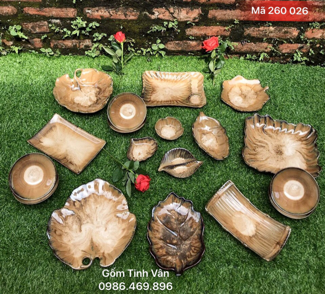 Bộ chén đĩa đầy đủ, mã 260026, men nâu hoả biến, vân đá cẩm thạch, gốm bát tràng, tinh vân