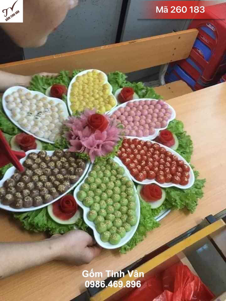 Bộ khay đĩa cánh tiên, mã 260183, đk 55 cm, khay bày mâm cỗ cúng đẹp, sứ trắng cao cấp, gốm tinh vân bát tràng