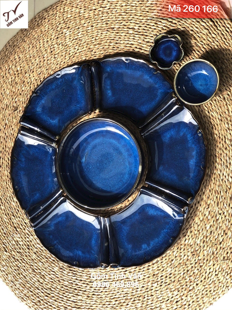 Bộ tô chén đĩa hoa mặt trời xanh hoả biến, mã 260166, đk 55 cm, 1 chén mắm, 1 đĩa muối, gốm sứ bát tràng tinh vân