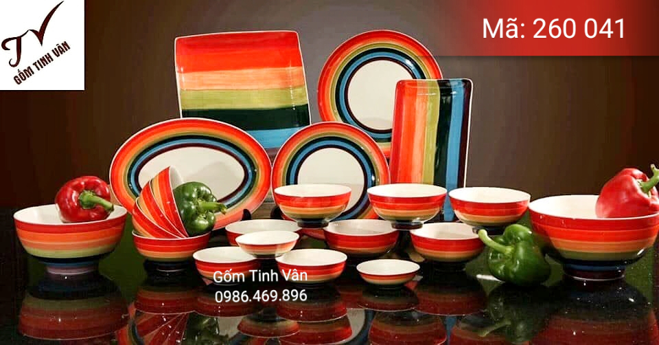 Bộ tô chén đĩa mã 260041, bảy sắc cầu vồng, dùng trong gia đình, nhà hàng sang trọng, in logo, gốm sứ bát tràng, tinh vân