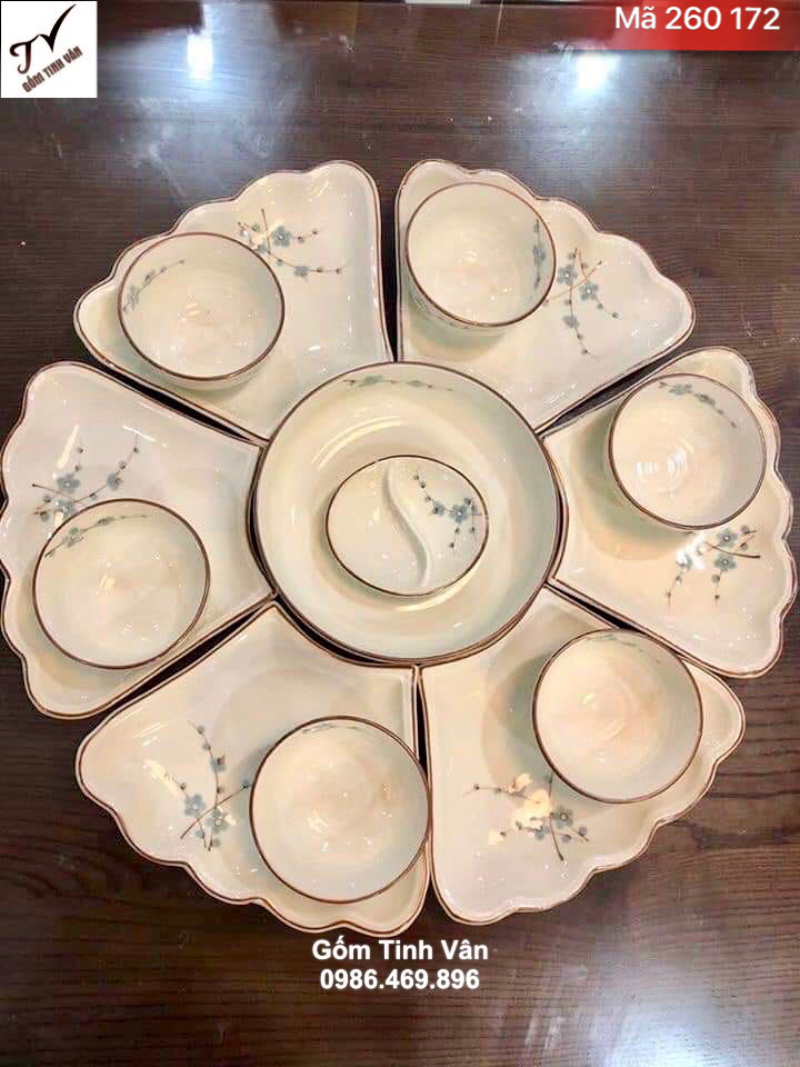 Bộ tô chén đĩa mặt trời, mã 260172, men kem hoa đào xanh dk 55cm, thêm 6 chén cơm và 1 đĩa muối ớt, gốm sứ bát tràng cao cấp