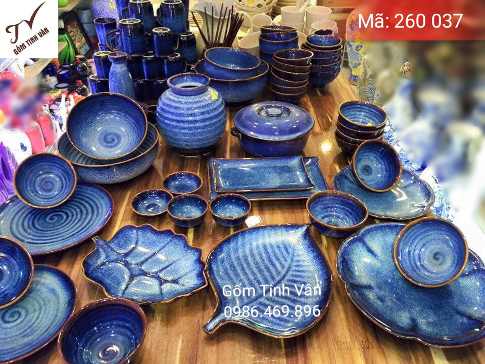 Bộ tô chén đĩa nhà hàng các loại, mã 260037, men xanh đá hoả biến, gốm sứ bát tràng, tinh vân