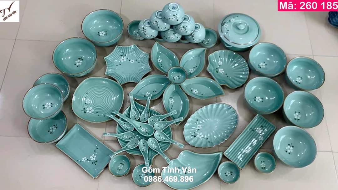 Bộ tô chén đĩa nhà hàng đầy đủ, mã 260185, men xanh ngọc, hoa đào trắng, bát đĩa quán ăn, gốm tinh vân