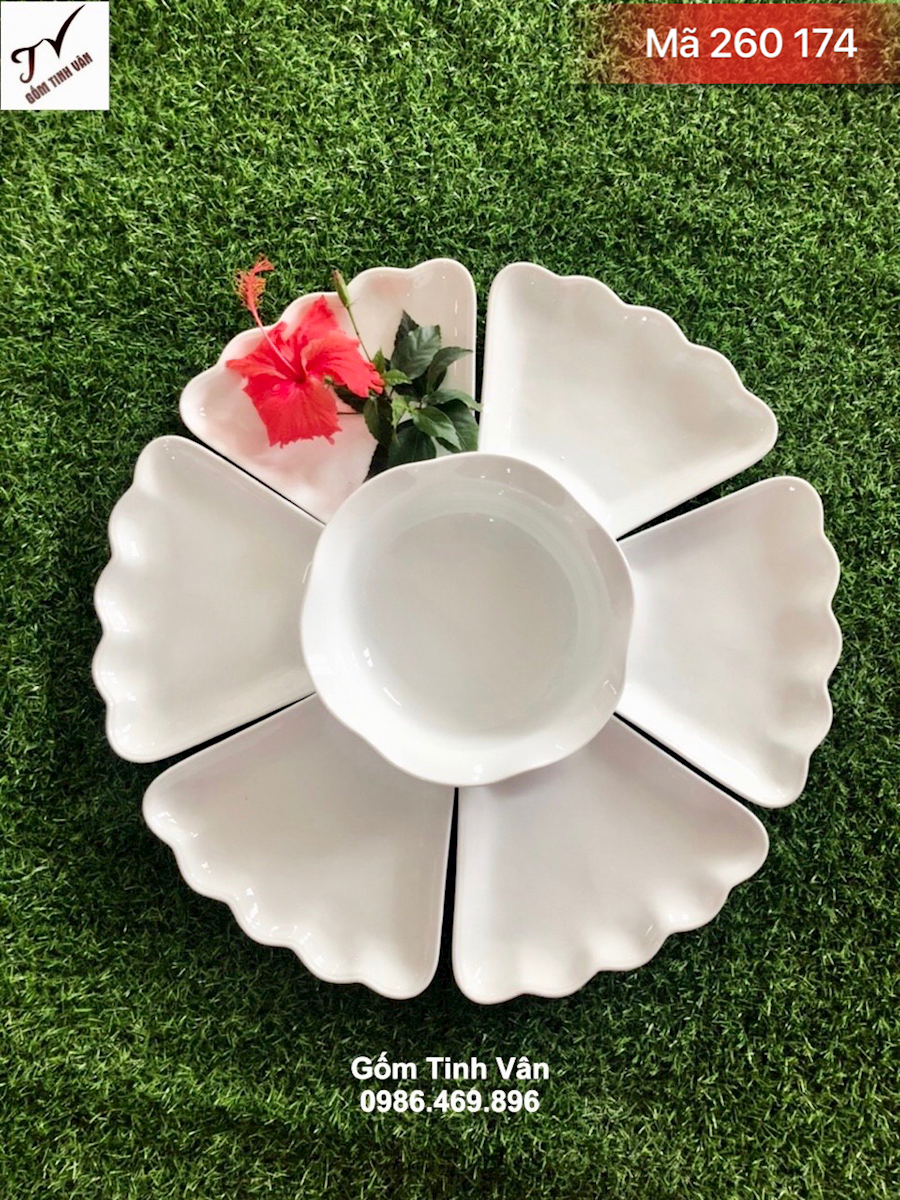Bộ tô đĩa bông hoa, dk 55 cm, mã 260174, men trắng, trưng đồ ăn đẹp, sang trọng, gốm bát tràng cao cấp