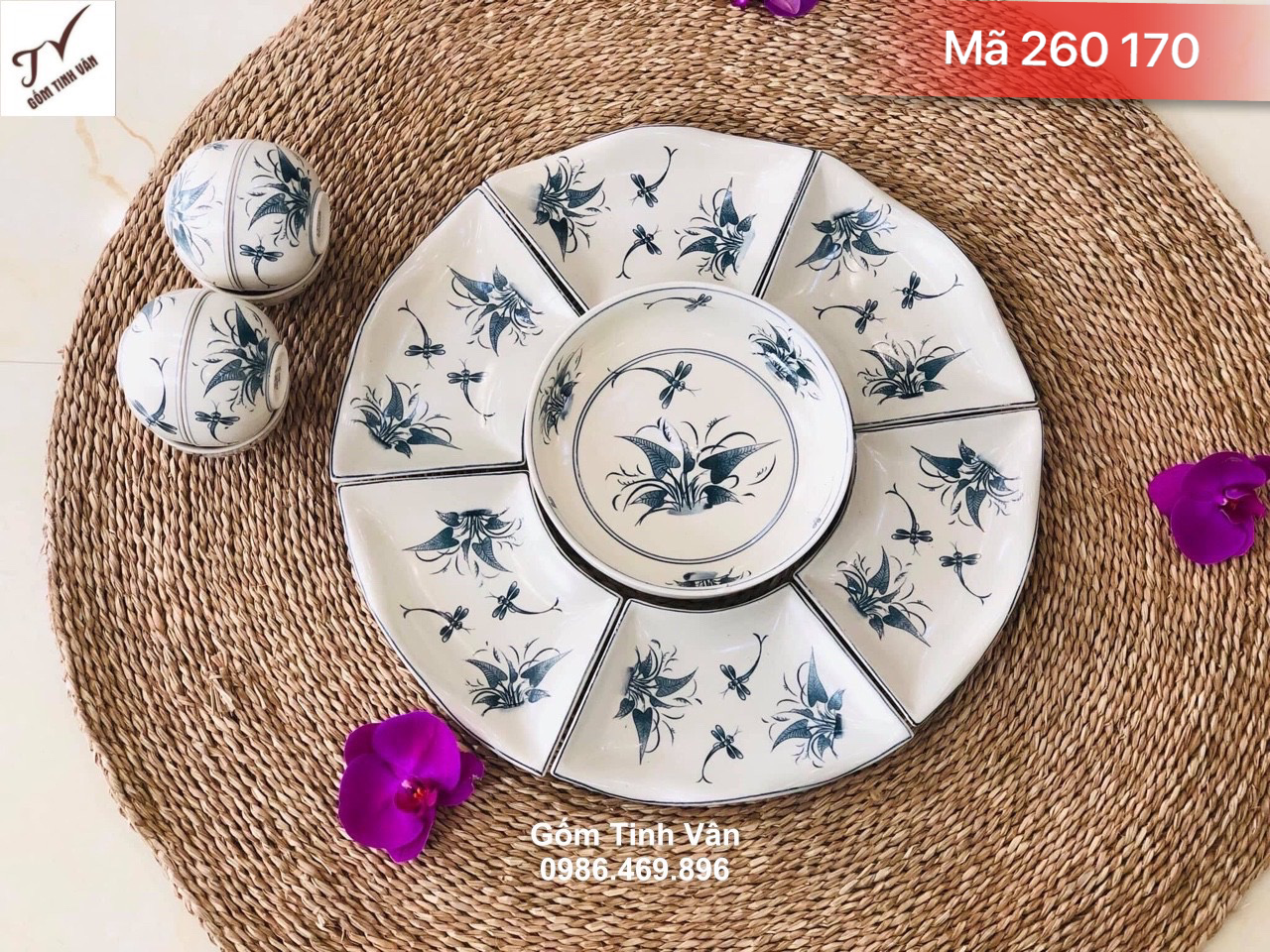 Bộ tô đĩa hoa mặt trời vẽ chuồn chuồn lá khoai, men rạn cổ, mã 260170, đk 55 cm, và 6 chén cơm, gốm sứ bát tràng tinh vân