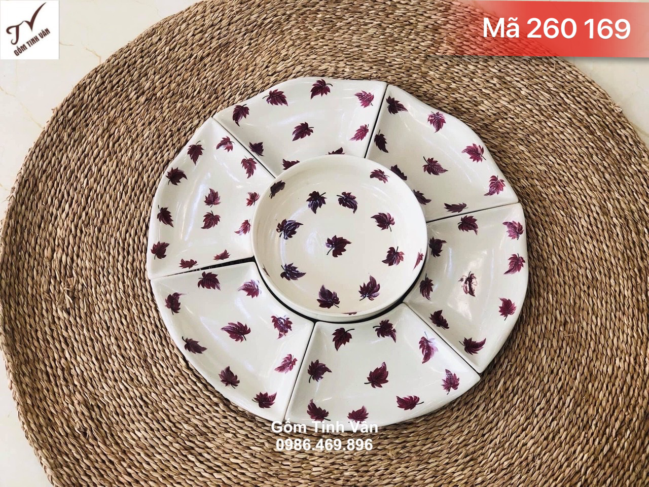 Bộ tô đĩa hoa mặt trời vẽ lá mùa thu, men rạn cổ, mã 260169, đk 55 cm, gốm sứ bát tràng tinh vân