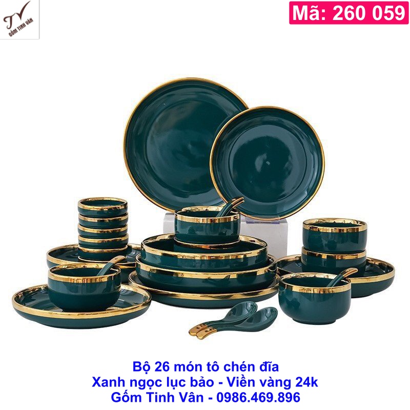 Bộ 26 món tô chén đĩa, mã 260059, xanh ngọc lục bảo, viền vàng 24k cao cấp, gốm sứ bát tràng, tinh vân