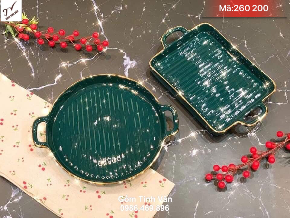 Bộ 2 khay tròn & khay chữ nhật có quai cầm, men xanh ngọc lục bảo vẽ vàng 24k, sang trọng, gốm bát tràng cao cấp