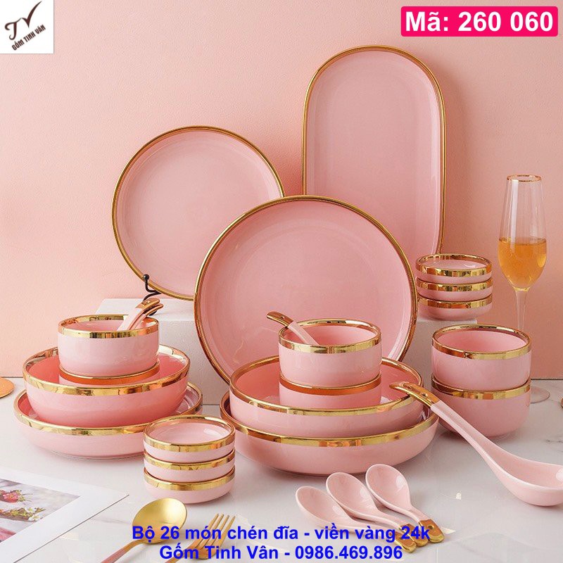 6 màu Bộ 26 món tô chén đĩa, mã 260060, xanh, hồng, trắng, viền vàng 24k cao cấp, gốm sứ bát tràng, tinh vân