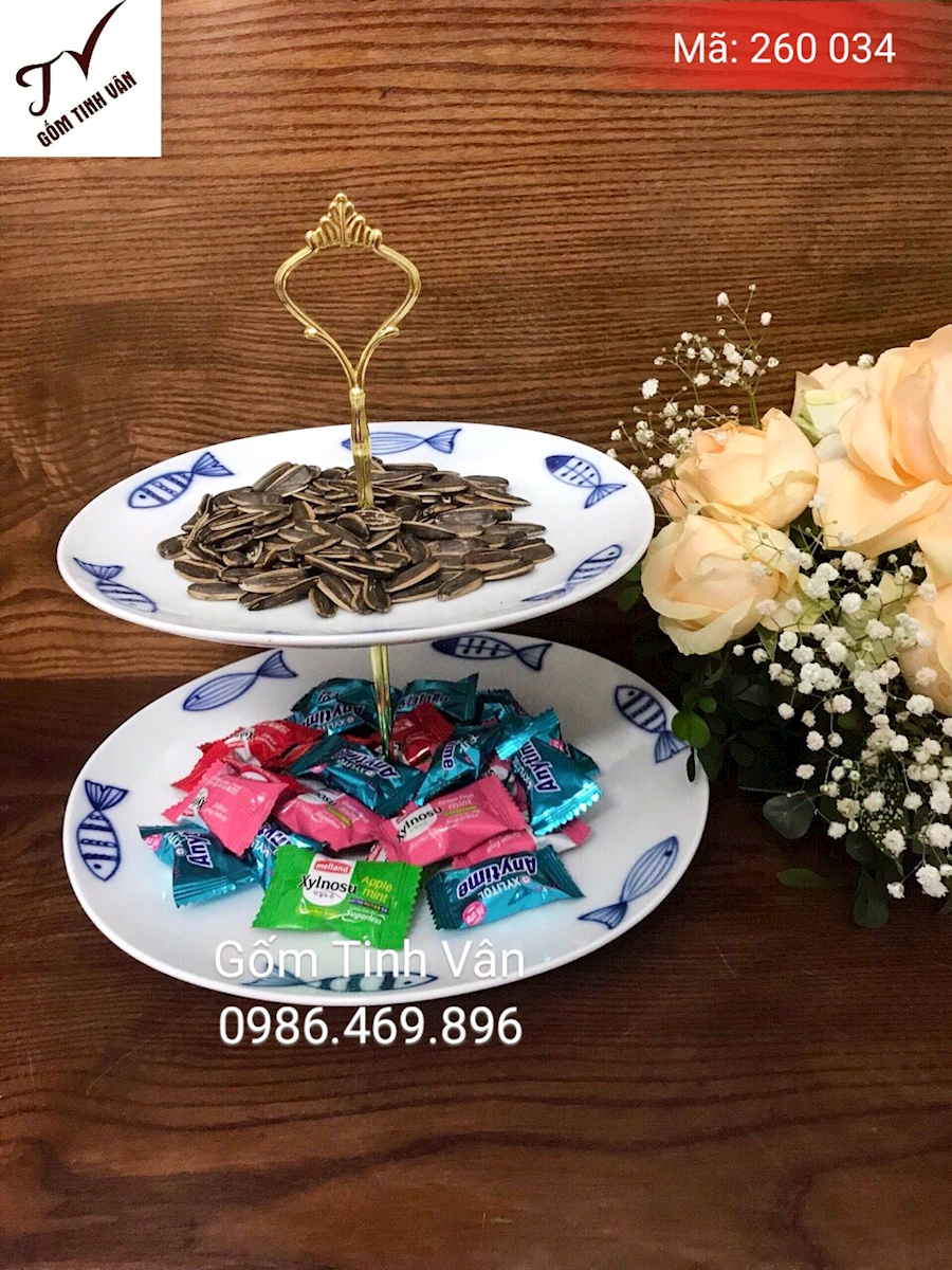 Set 2 đĩa đựng trái cây, bánh kẹo, mã 260034, đk 18-20 cm, in logo quà tặng, gốm sứ bát tràng, tinh vân