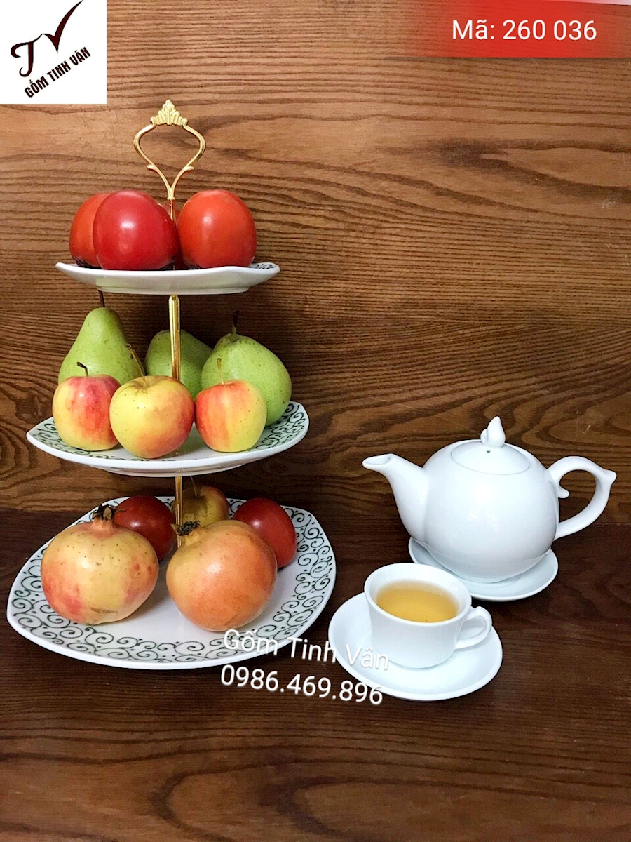 Set 3 đĩa đựng trái cây, bánh kẹo, mã 260036, đk 18-20-22 cm, bộ trà men trắng, in logo quà tặng, gốm sứ bát tràng, tinh vân
