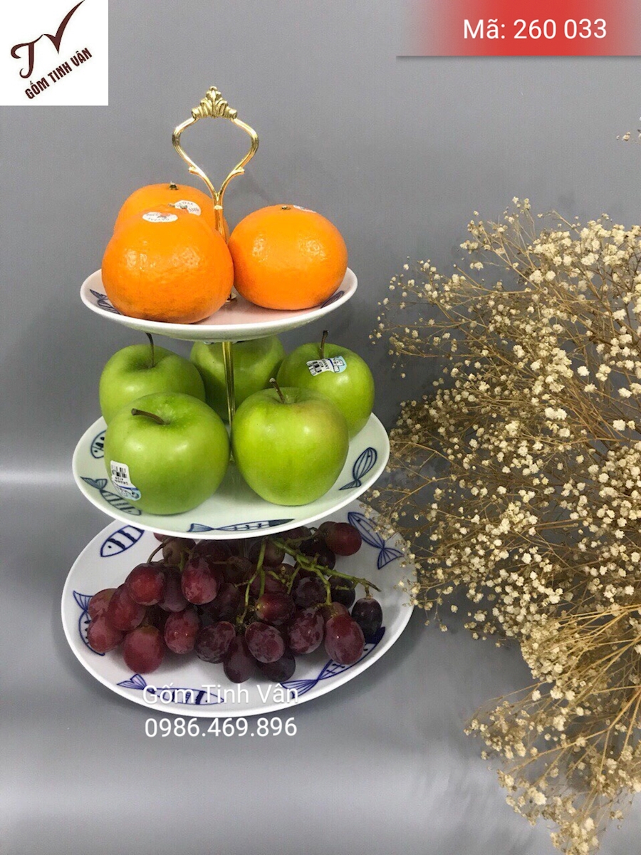 Set 3 đĩa đựng trái cây, bánh kẹo, mã 260033, đk 18-20-22 cm, in logo quà tặng, gốm sứ bát tràng, tinh vân